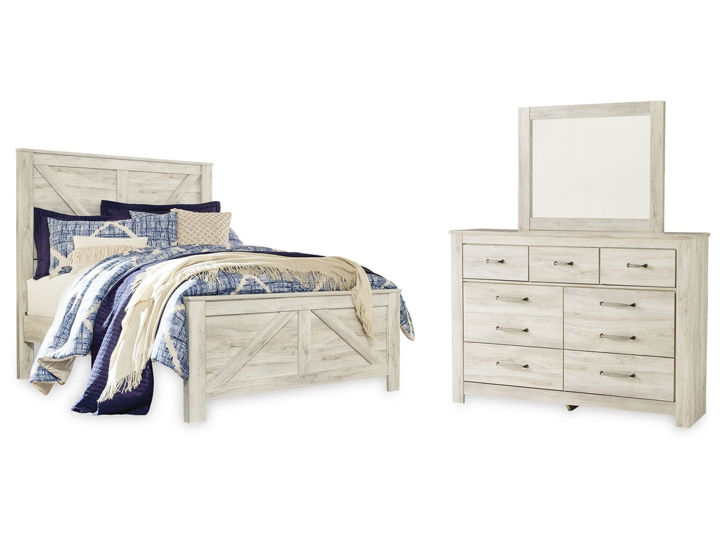 Bellaby Whitewash Queen Crossbuck Panel Bed, Dresser and Mirror