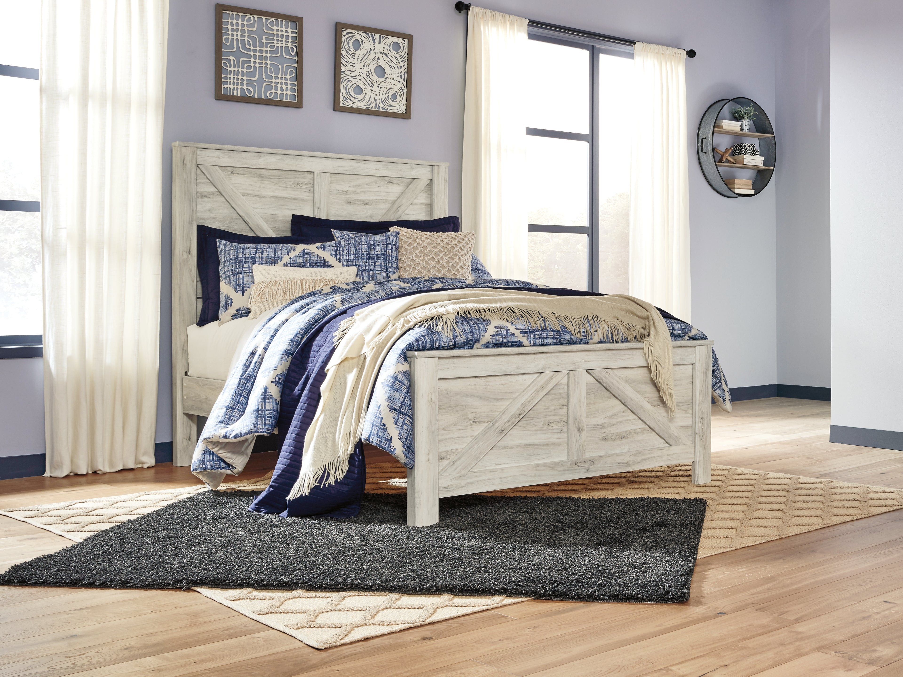 Bellaby Whitewash Queen Crossbuck Panel Bed, Dresser and Mirror