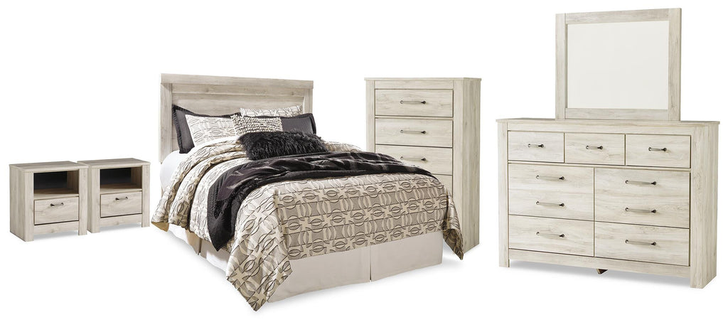 Bellaby Whitewash Queen Panel Headboard, Dresser, Mirror, Chest and 2 Nightstands