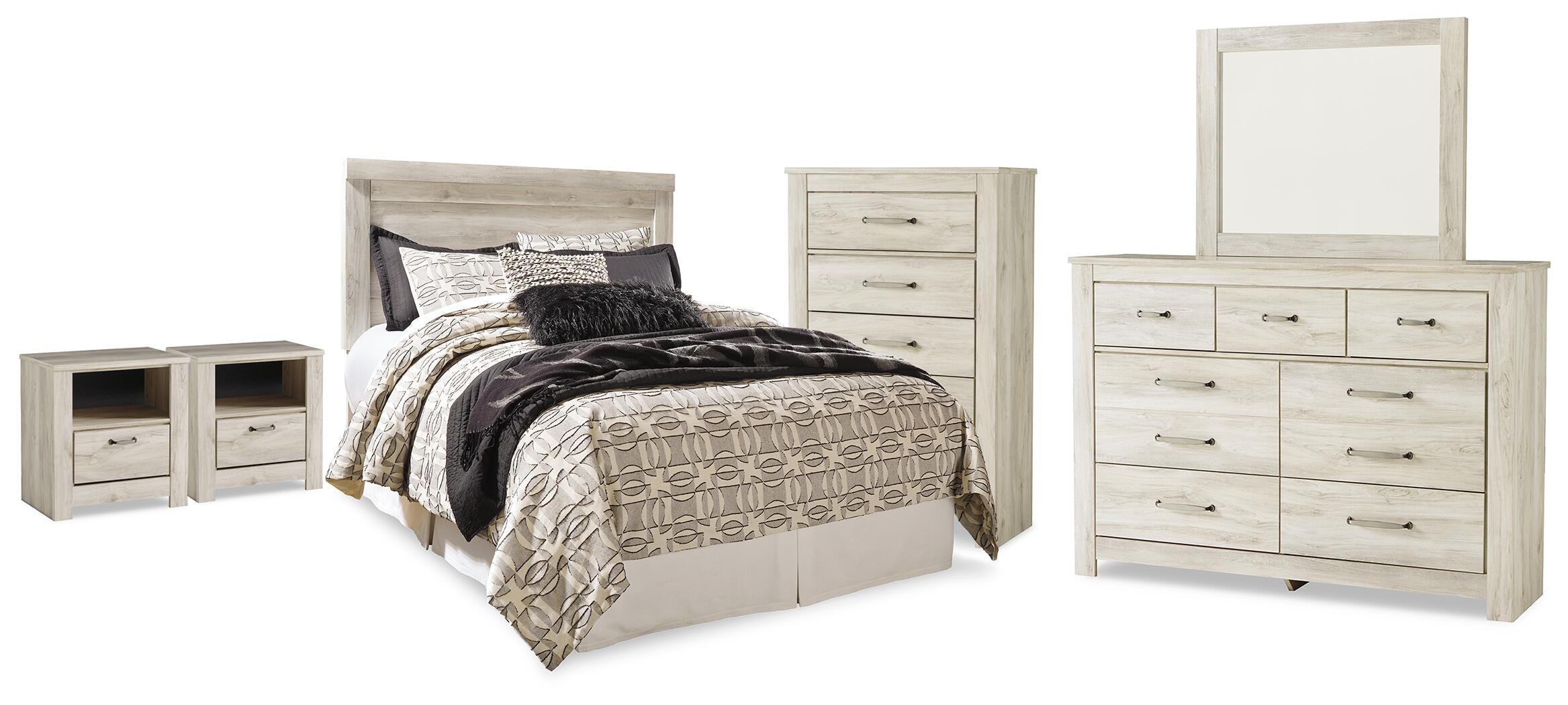 Bellaby Whitewash Queen Panel Headboard, Dresser, Mirror, Chest and 2 Nightstands