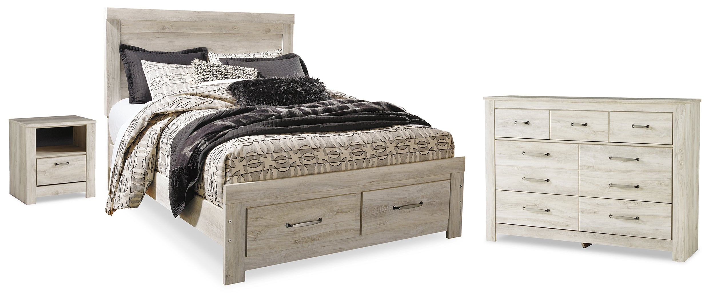 Bellaby Whitewash Queen Panel Storage Bed, Dresser and Nightstand