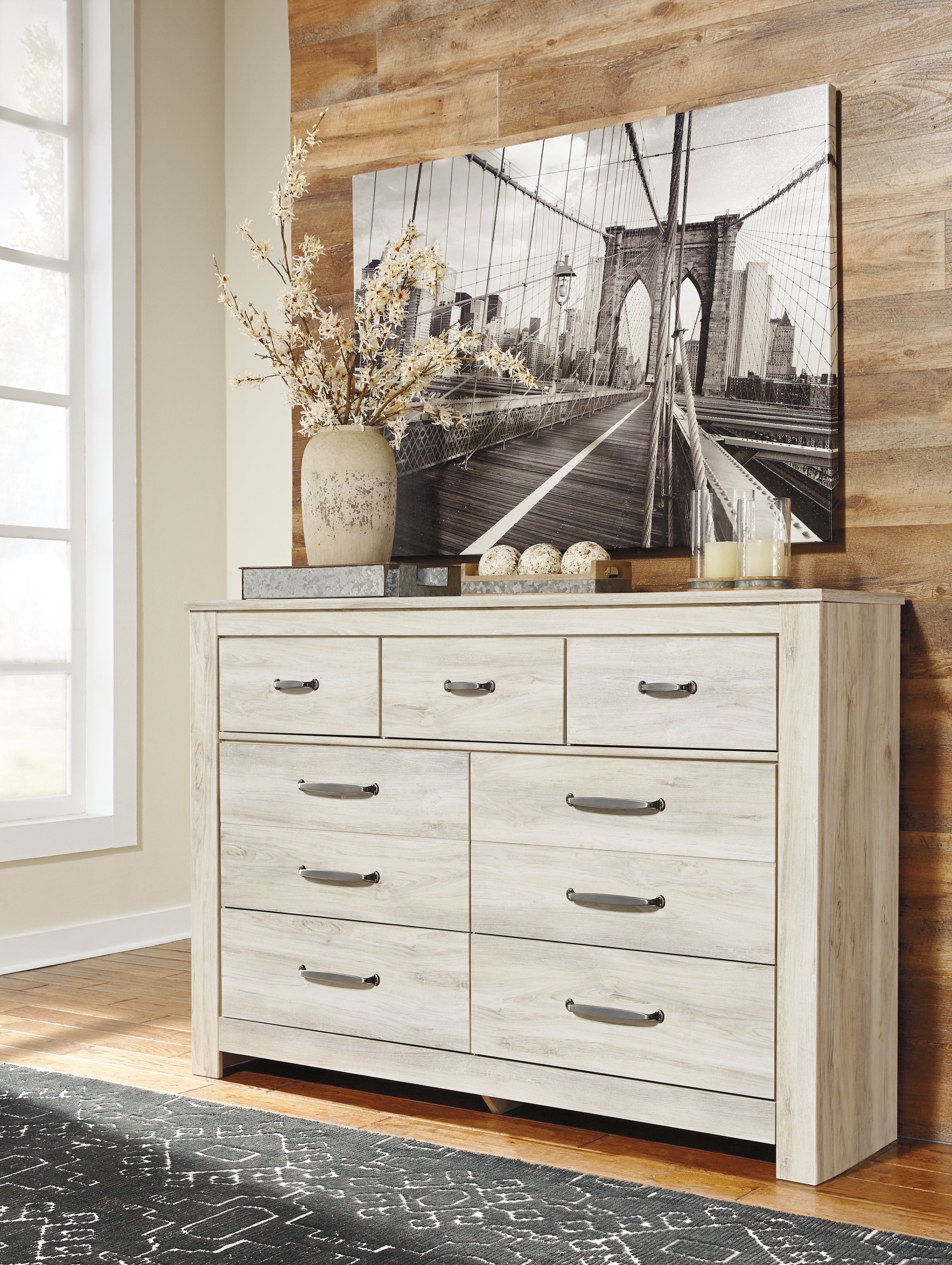 Bellaby Whitewash Queen Panel Storage Bed, Dresser and Nightstand