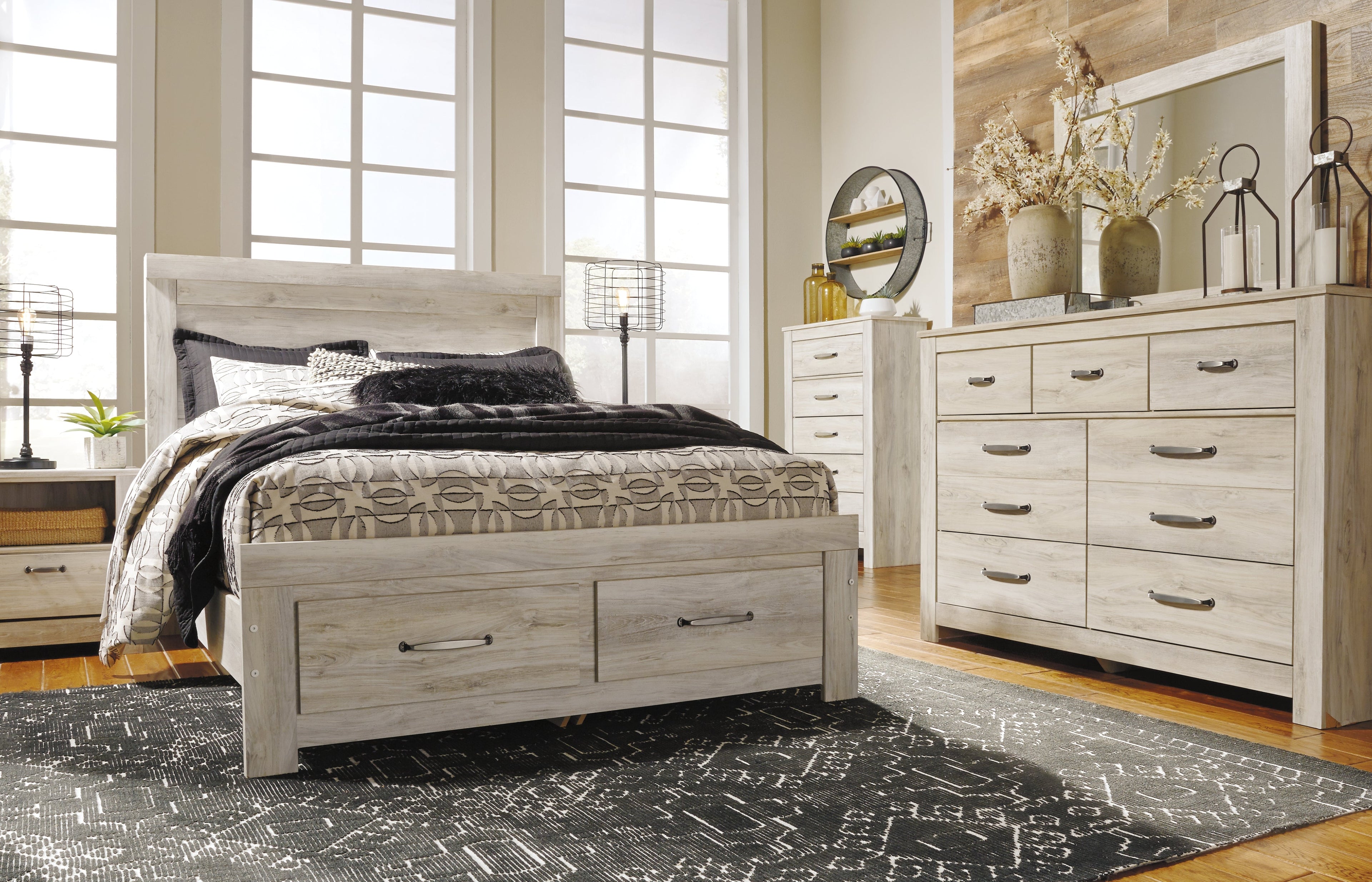 Bellaby Whitewash Queen Platform Bed with 2 Storage Drawers