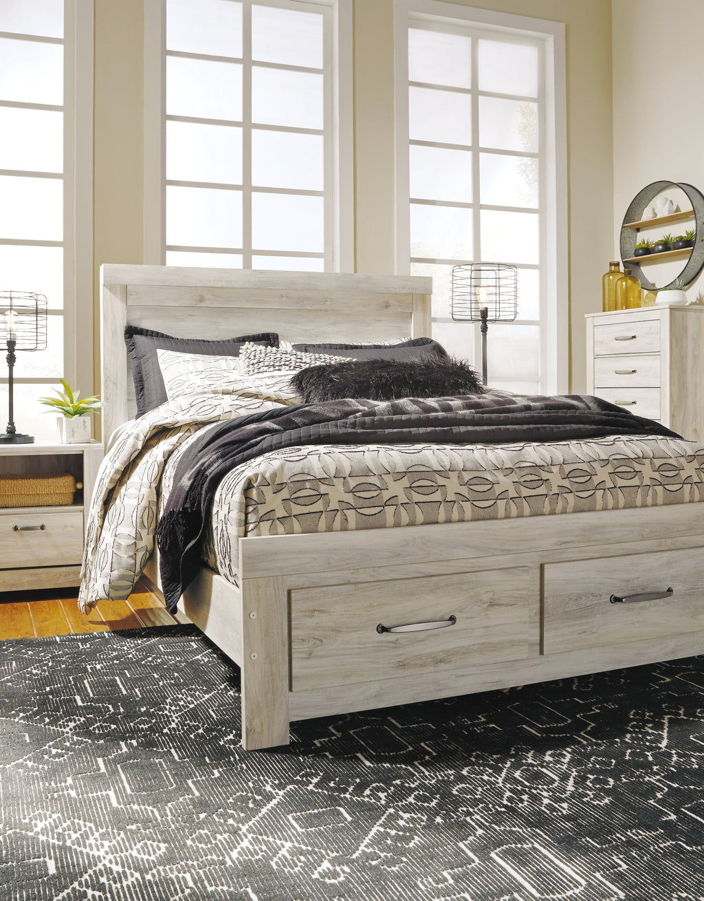 Bellaby Whitewash Queen Platform Bed with 2 Storage Drawers