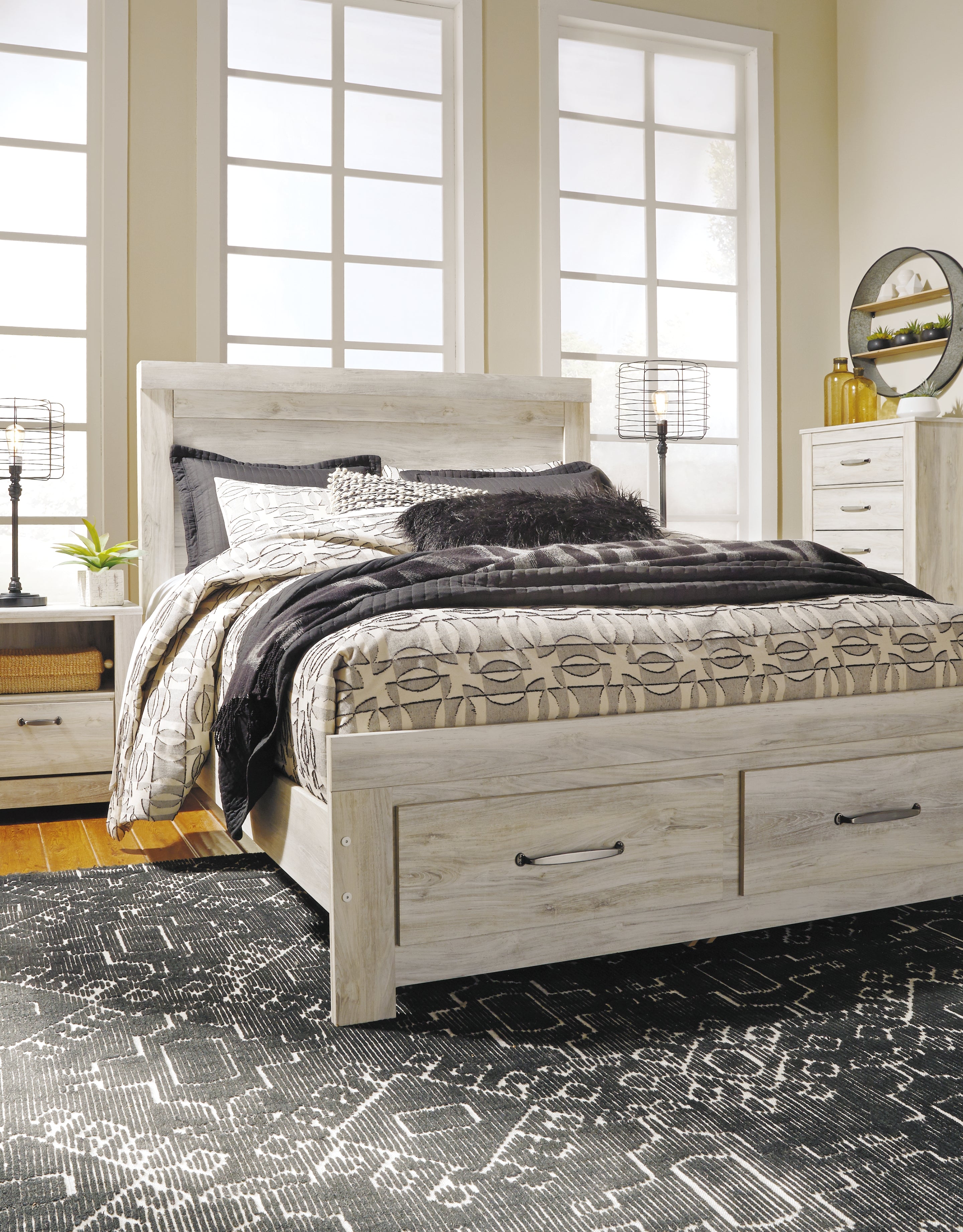Bellaby Whitewash Queen Platform Bed with 2 Storage Drawers