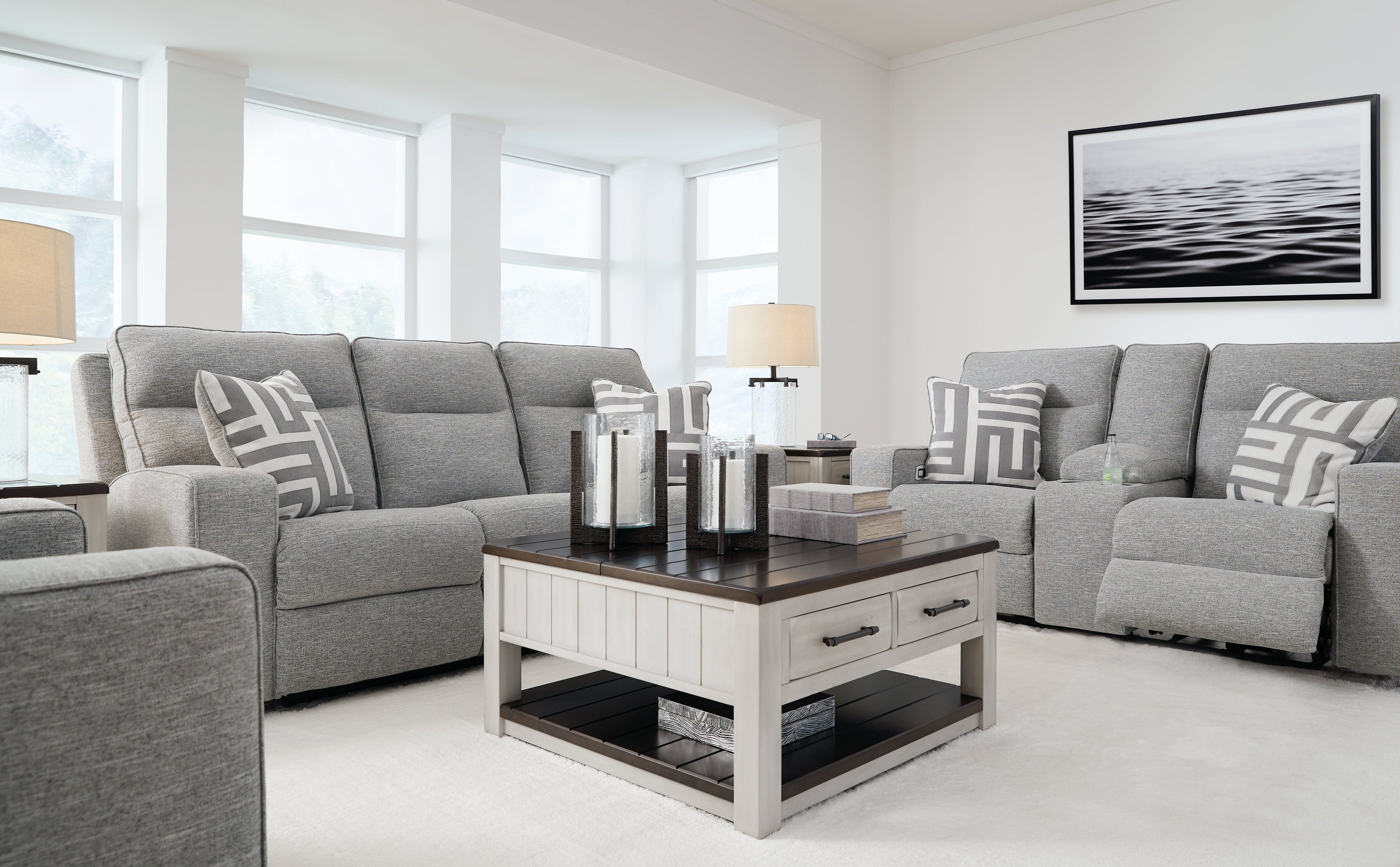 Biscoe Pewter Power Reclining Sofa and Loveseat