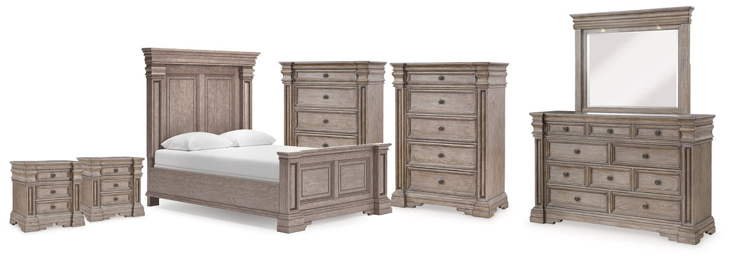Blairhurst Light Grayish Queen Panel Bed. Dresser, Mirror, 2 Chests and 2 Nightstands, Bro