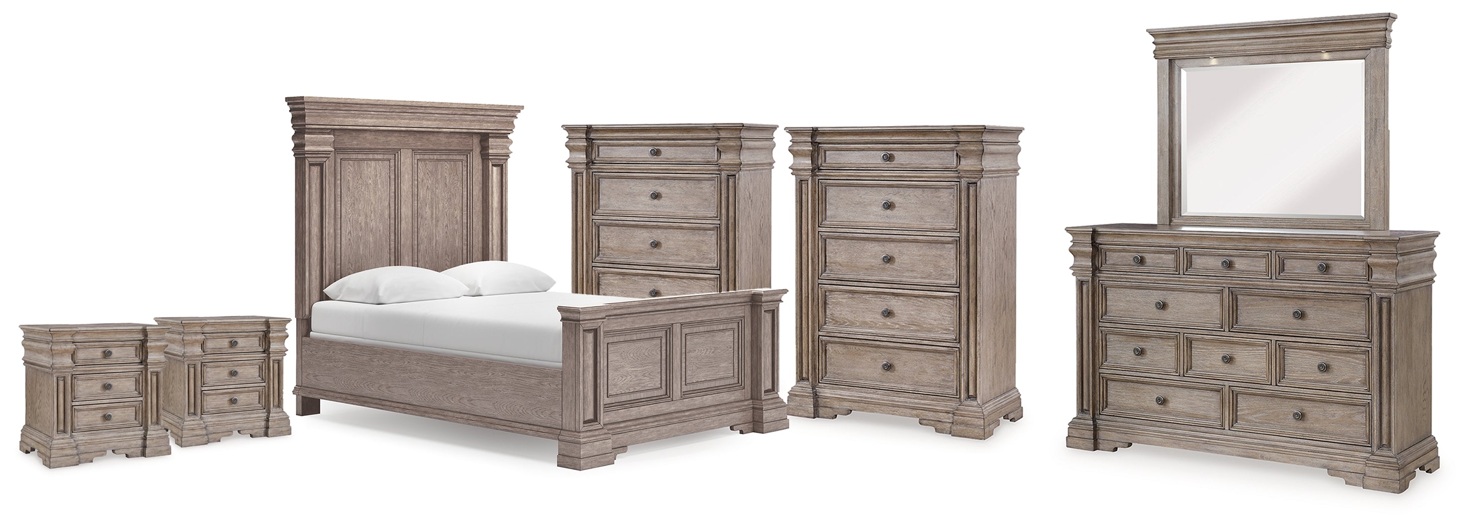 Blairhurst Light Grayish Queen Panel Bed. Dresser, Mirror, 2 Chests and 2 Nightstands, Bro