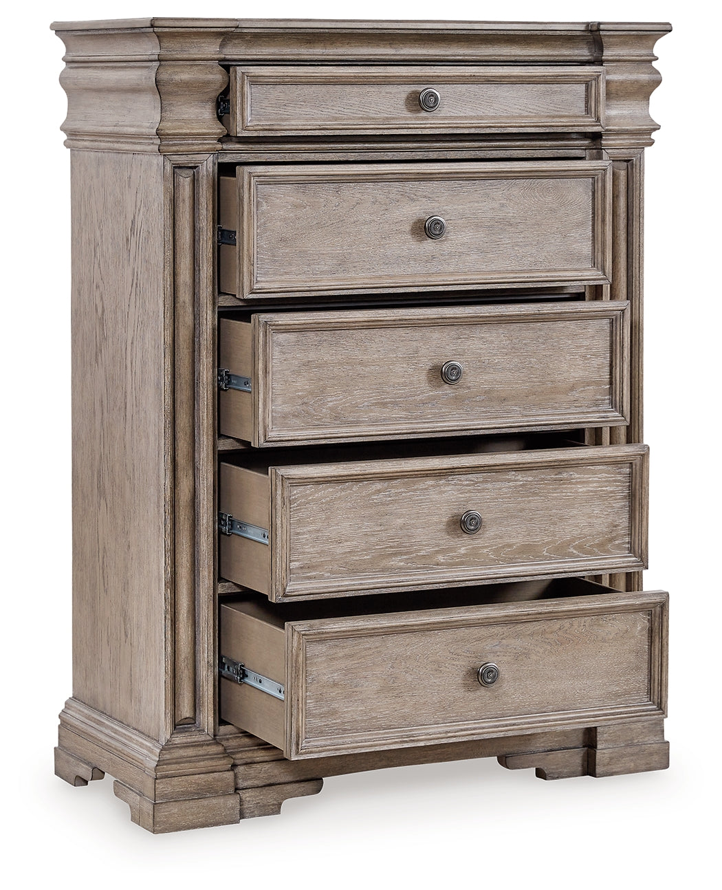 Blairhurst Light Grayish Queen Panel Bed. Dresser, Mirror, 2 Chests and 2 Nightstands, Bro