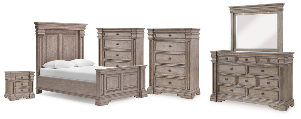 Blairhurst Light Grayish Queen Panel Bed, Dresser, Mirror, 2 Chests and Nightstand, Brown