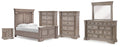 Blairhurst Light Grayish Queen Panel Bed, Dresser, Mirror, 2 Chests and Nightstand, Brown