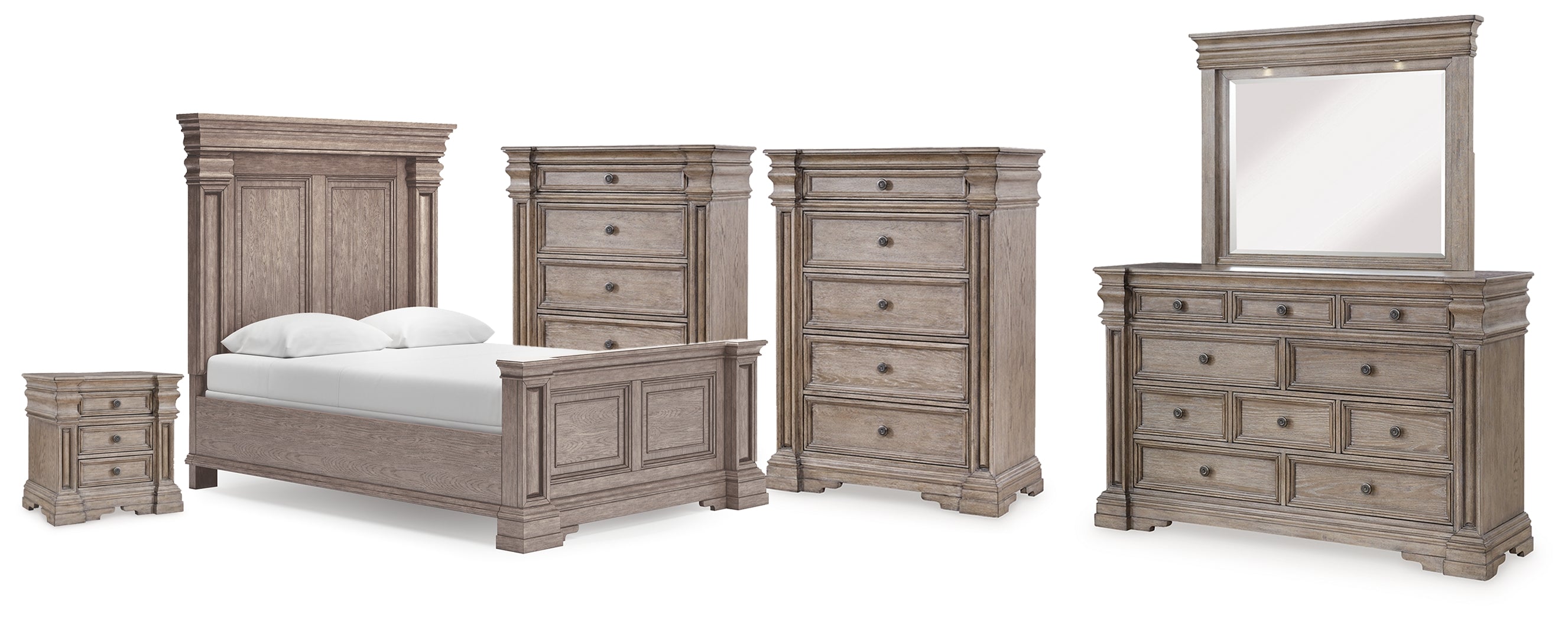 Blairhurst Light Grayish Queen Panel Bed, Dresser, Mirror, 2 Chests and Nightstand, Brown