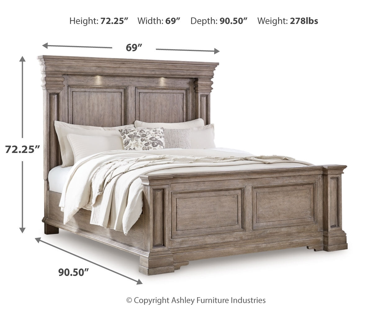 Blairhurst Light Grayish Queen Panel Bed, Dresser, Mirror, 2 Chests and Nightstand, Brown