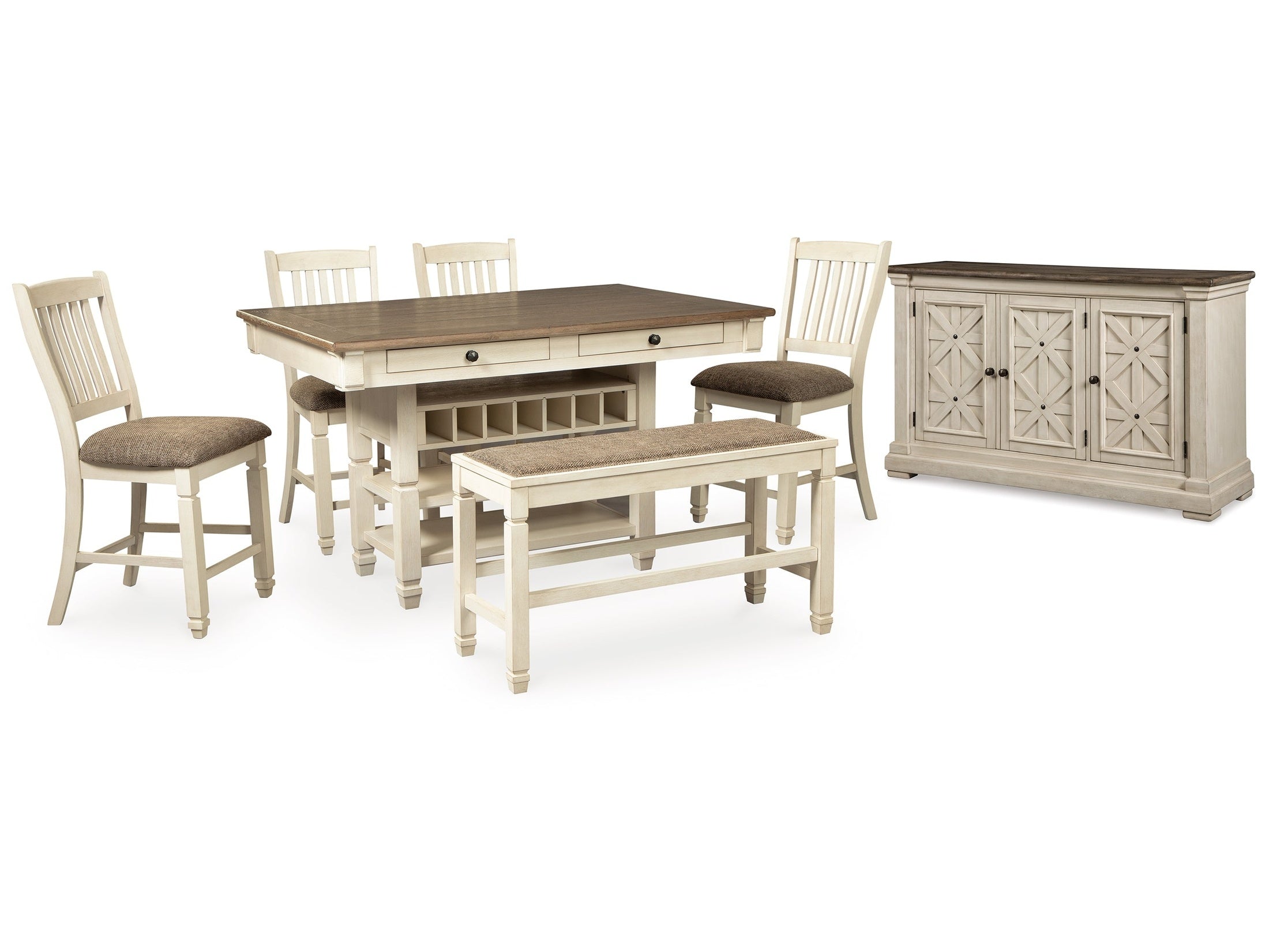 Bolanburg Counter Height Dining Table, 4 Barstools, Bench and Server, Two-Tone