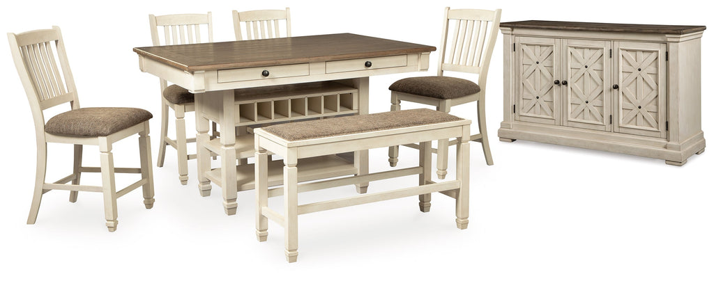 Bolanburg Counter Height Dining Table, 4 Barstools, Bench and Server, Two-Tone