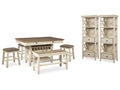 Bolanburg Counter Height Dining Table, 4 Stools, Bench and 2 Display Cabinets, Two-Tone