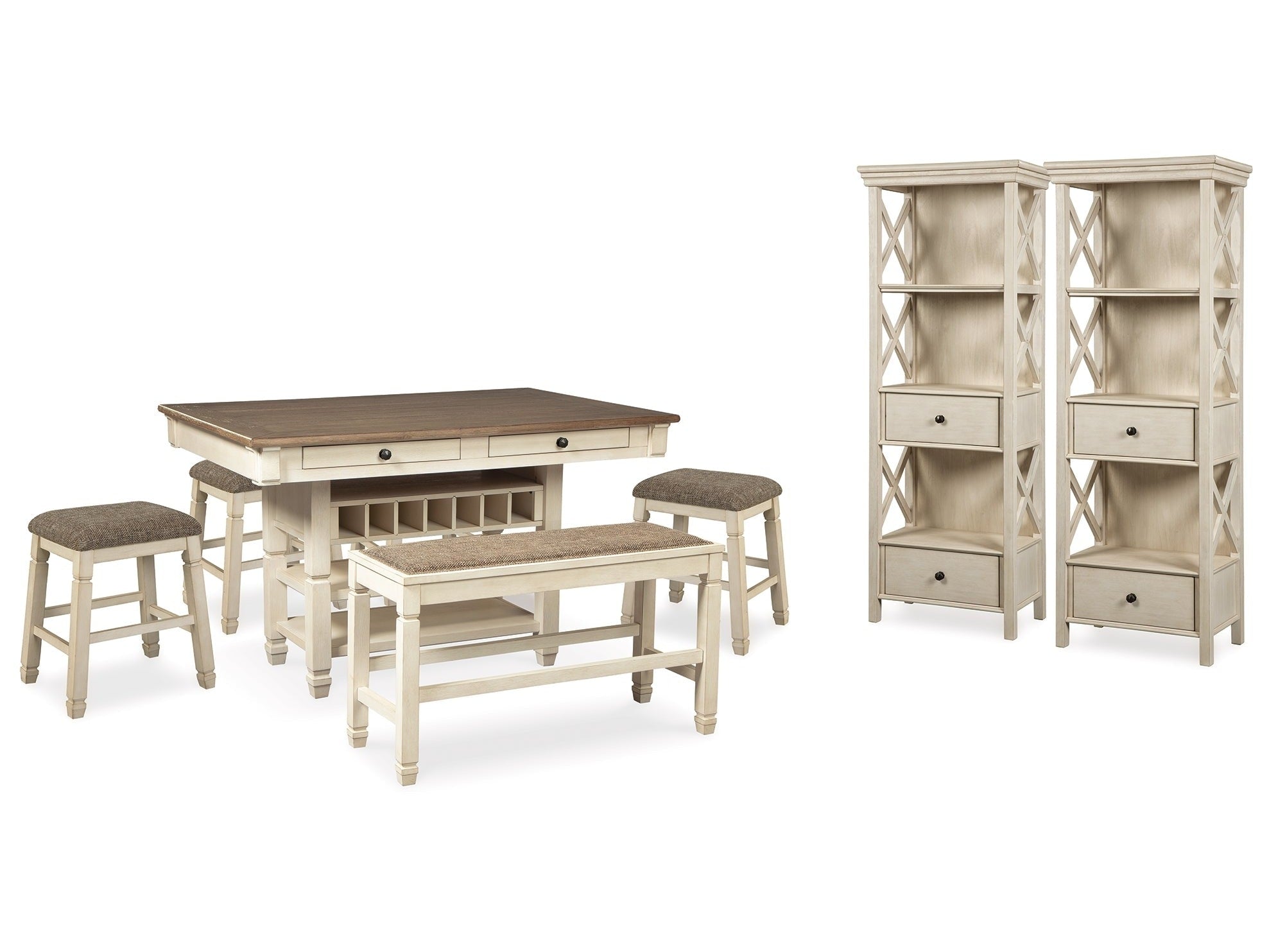 Bolanburg Counter Height Dining Table, 4 Stools, Bench and 2 Display Cabinets, Two-Tone