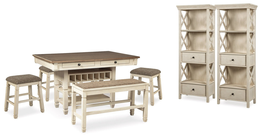 Bolanburg Counter Height Dining Table, 4 Stools, Bench and 2 Display Cabinets, Two-Tone