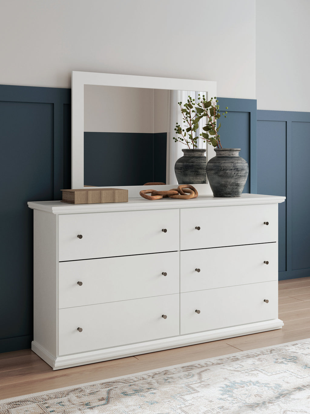 Bostwick Shoals Twin Panel Bed, Dresser, Mirror and 2 Nightstands, White