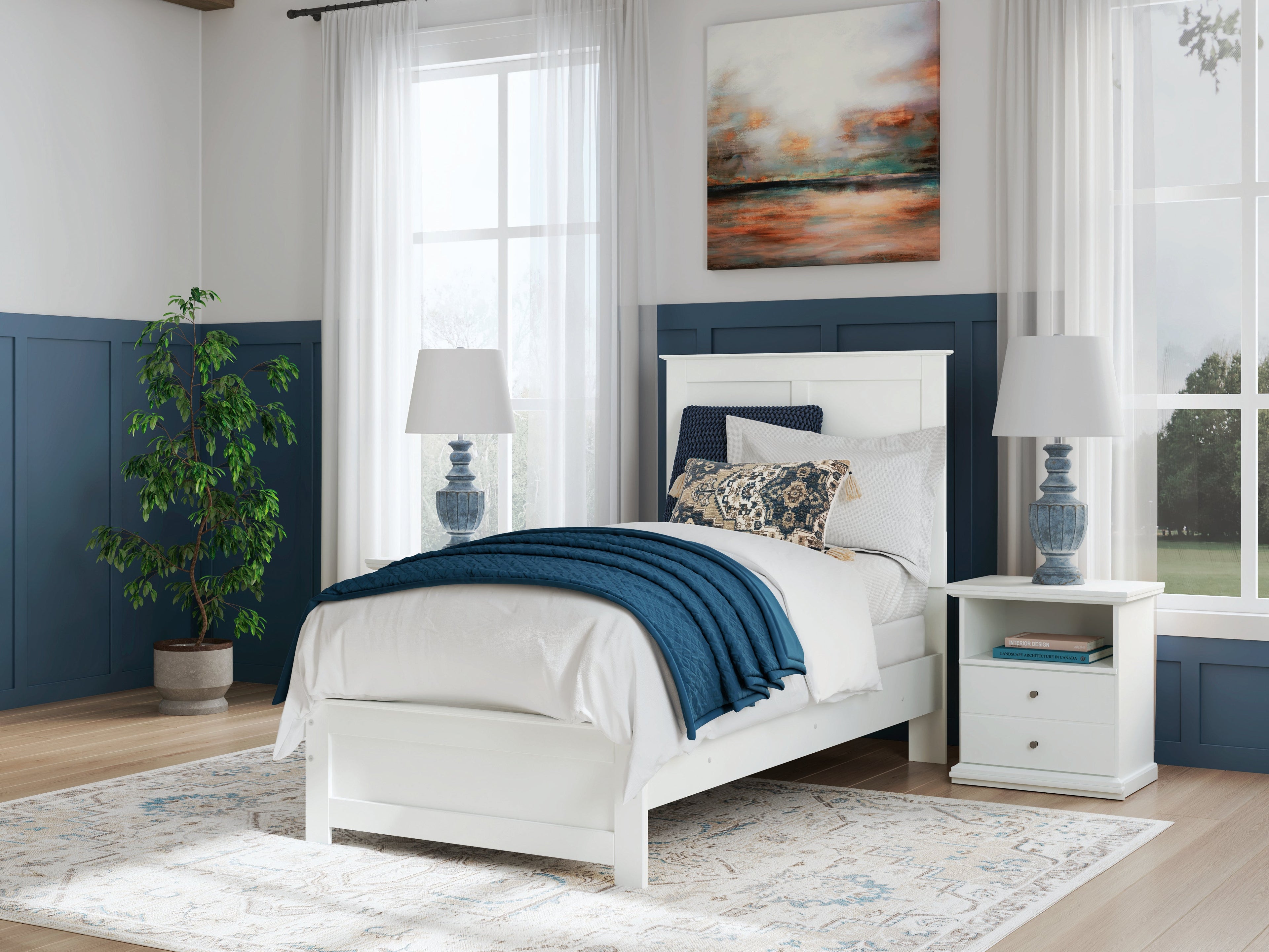 Bostwick Shoals Twin Panel Bed, Dresser, Mirror and 2 Nightstands, White
