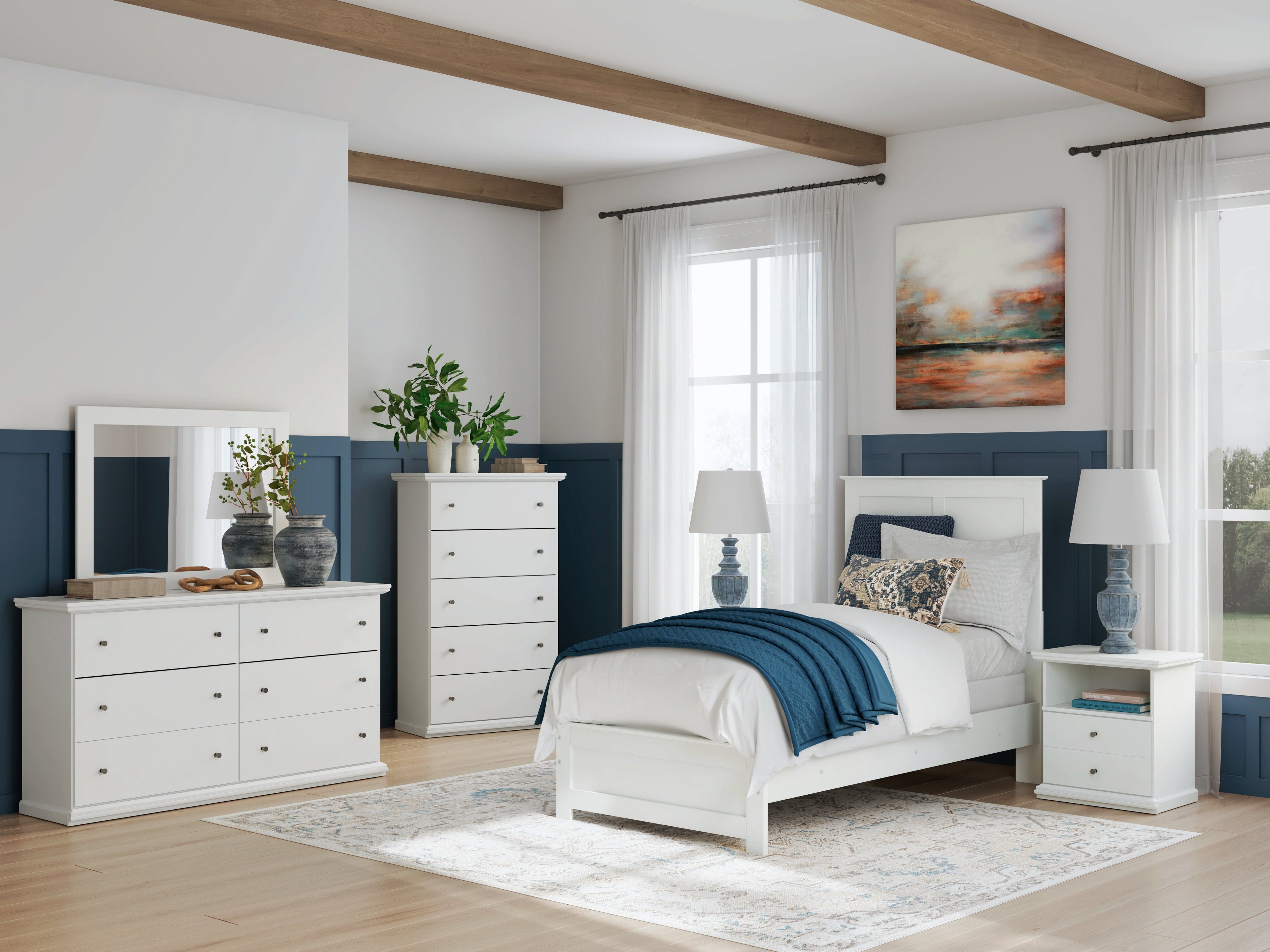 Bostwick Shoals Twin Panel Bed, Dresser, Mirror, Chest and 2 Nightstands, White