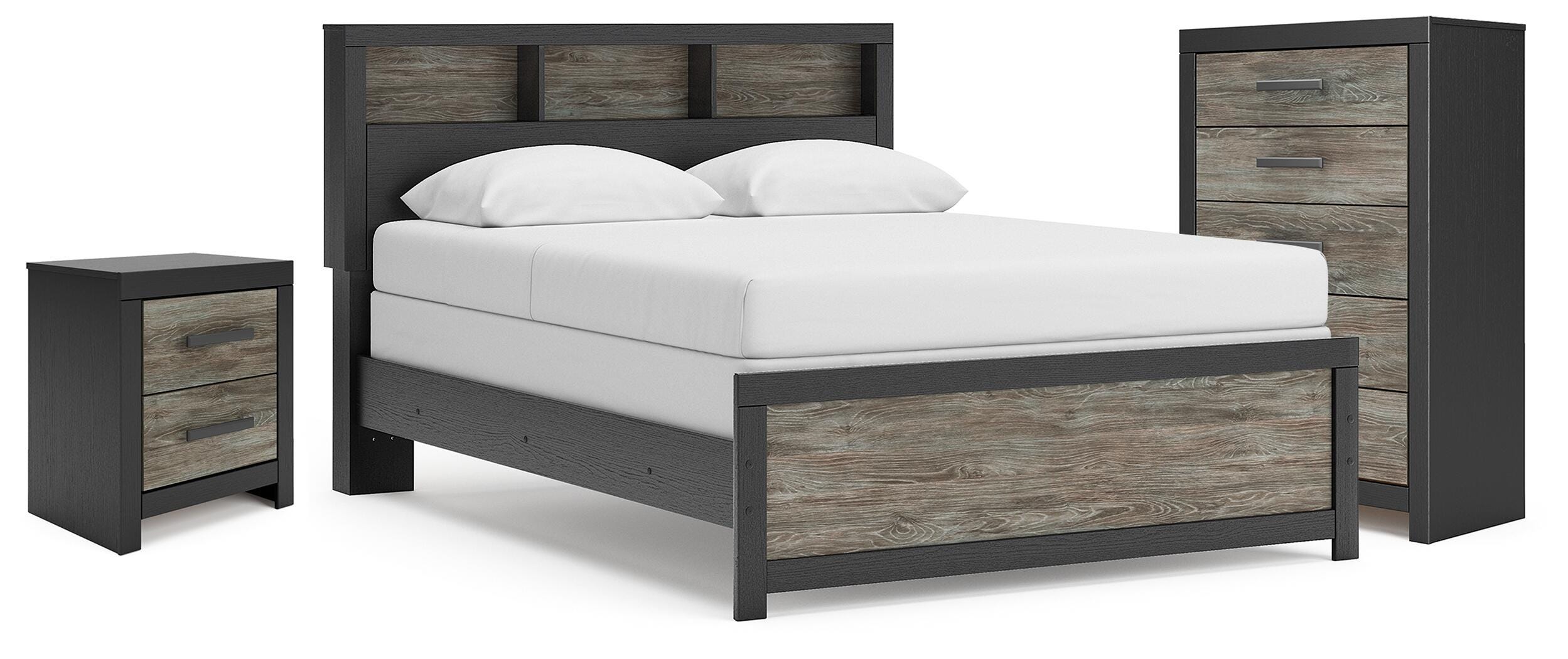 Broachmyn Black/Gray Queen Bookcase Bed, Chest and Nightstand