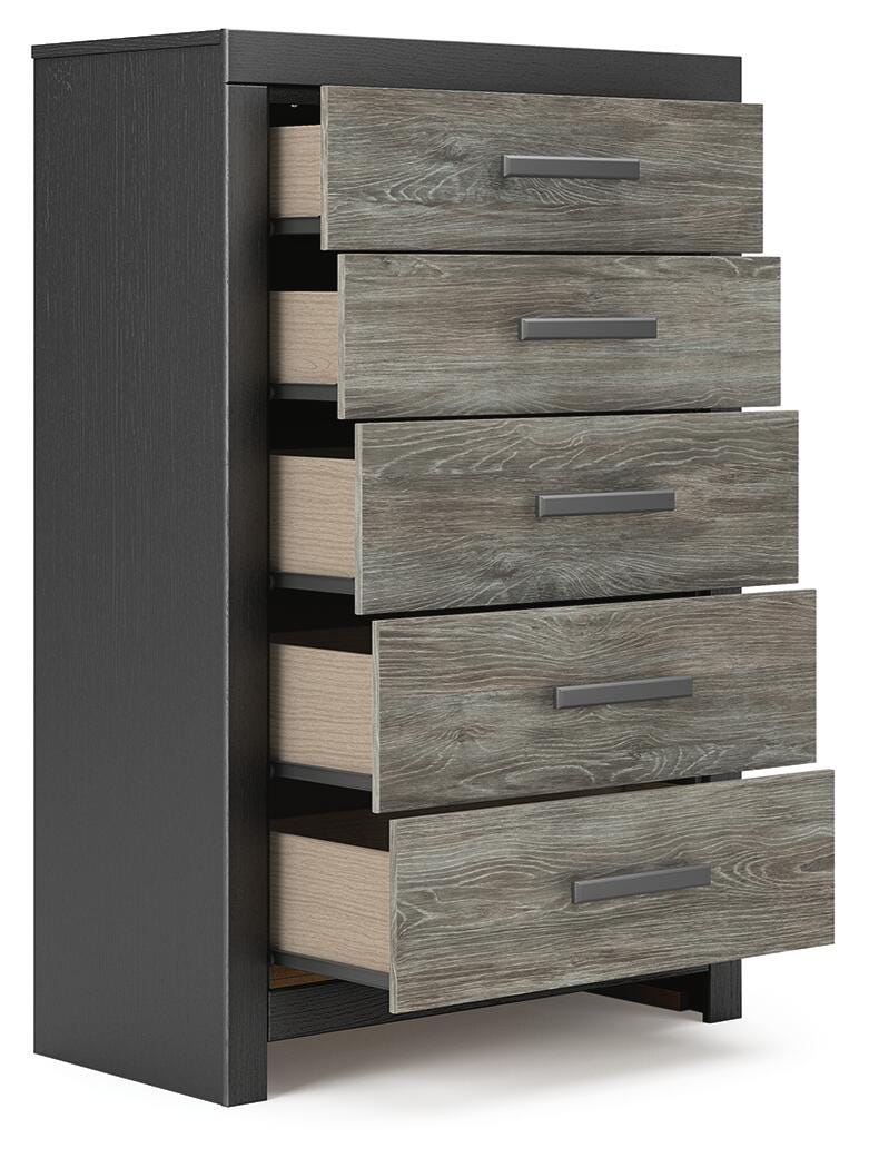 Broachmyn Black/Gray Queen Bookcase Bed, Chest and Nightstand