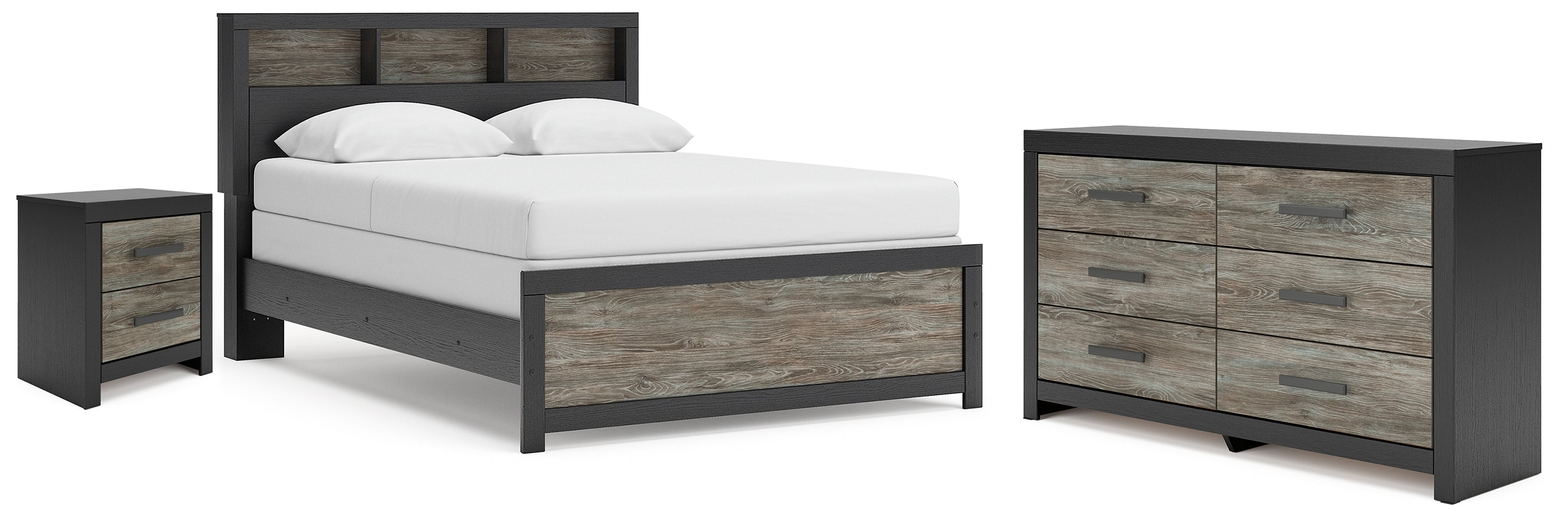 Broachmyn Black/Gray Queen Bookcase Panel Bed, Dresser and Nightstand