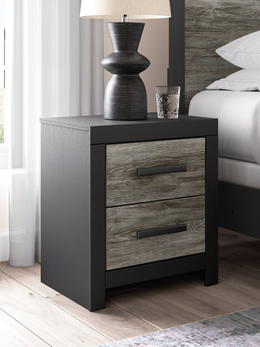 Broachmyn Black/Gray Queen Bookcase Panel Bed, Dresser and Nightstand