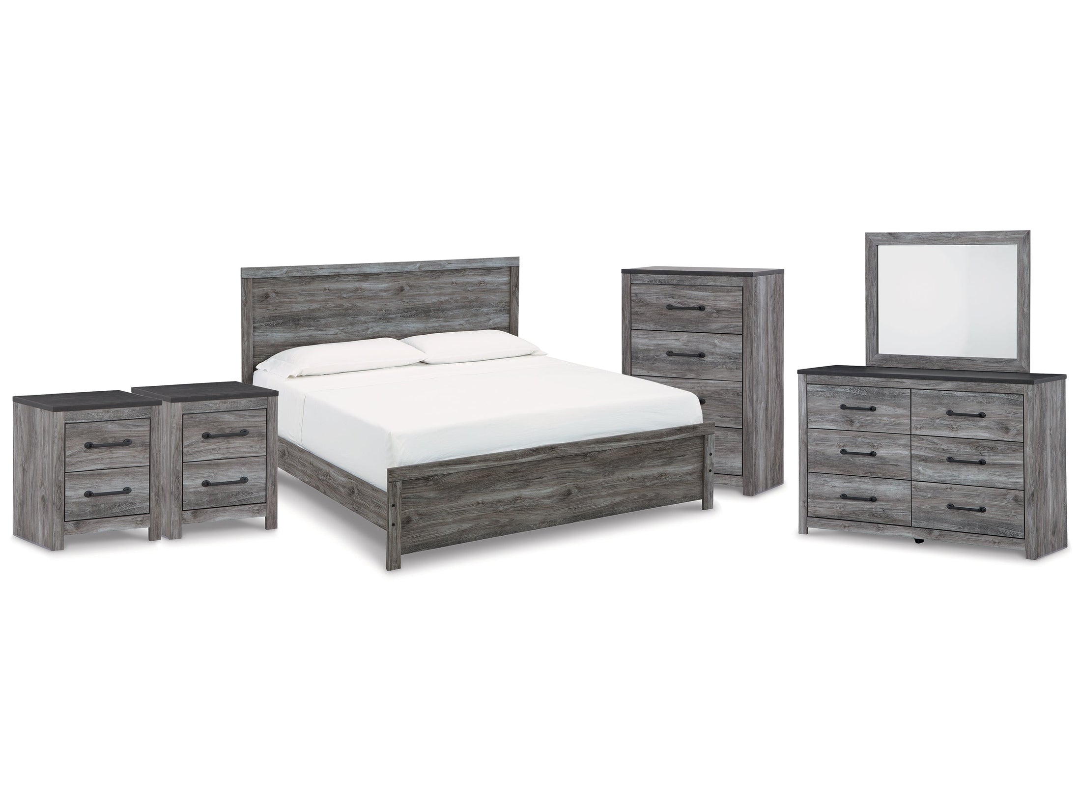 Bronyan King Panel Bed & Dresser & Mirror & Chest & 2 Nightstands