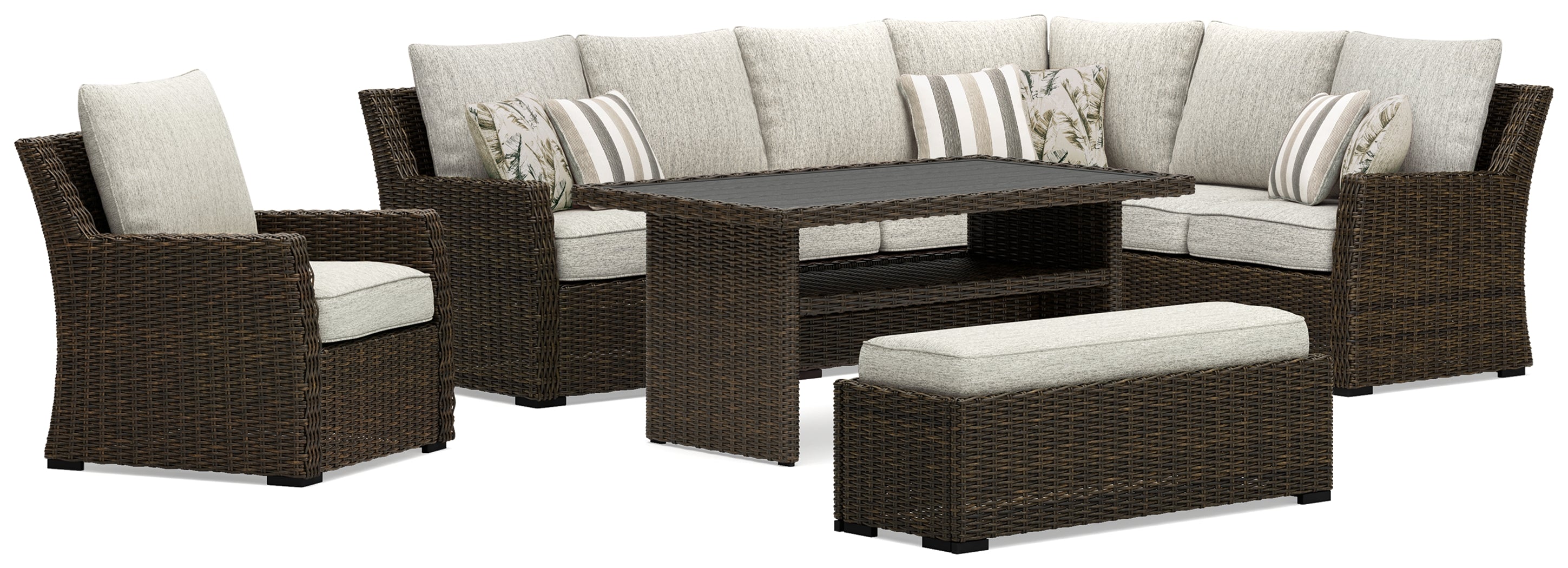 Brook Ranch Outdoor Sofa Sectional, Bench, Lounge Chair and Table, Brown