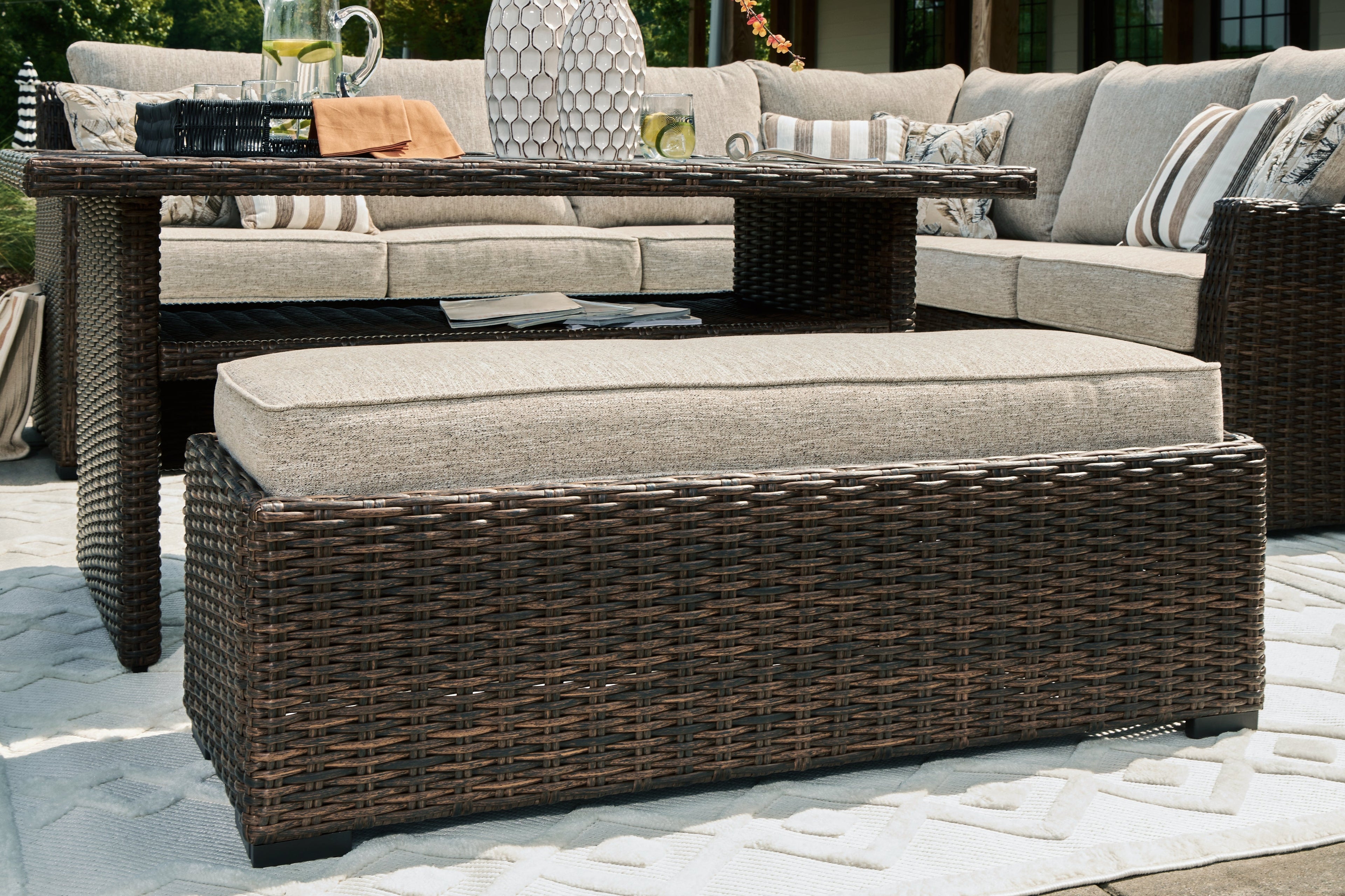 Brook Ranch Outdoor Sofa Sectional, Bench, Lounge Chair and Table, Brown