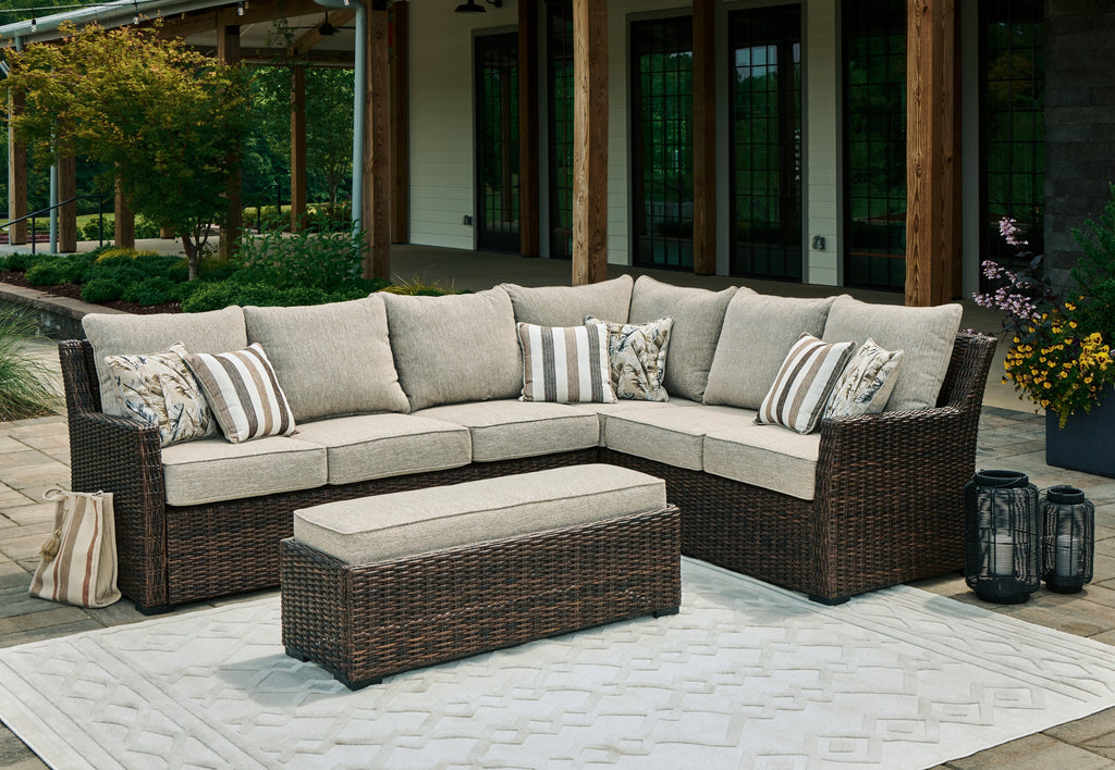 Brook Ranch Outdoor Sofa Sectional, Bench, Lounge Chair and Table, Brown