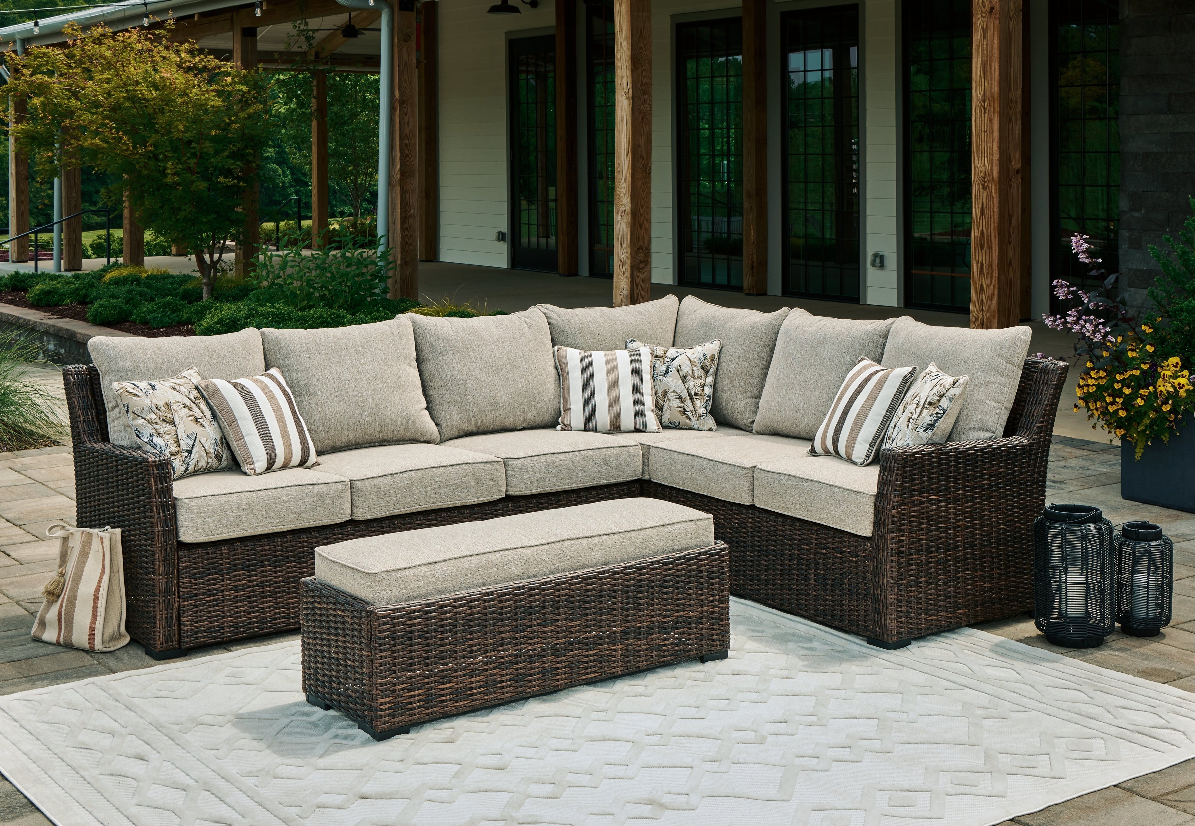 Brook Ranch Outdoor Sofa Sectional, Bench, Lounge Chair and Table, Brown