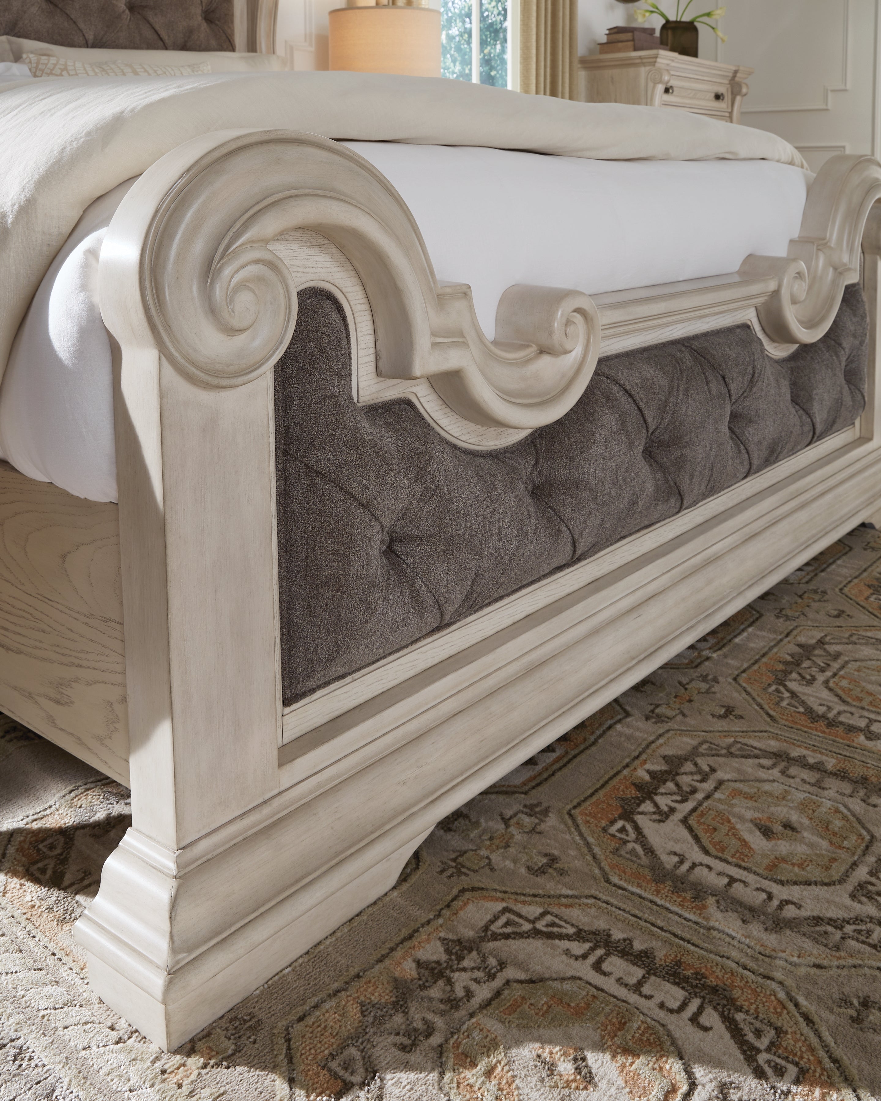Bruchandi Antique White California King Upholstered Panel Bed