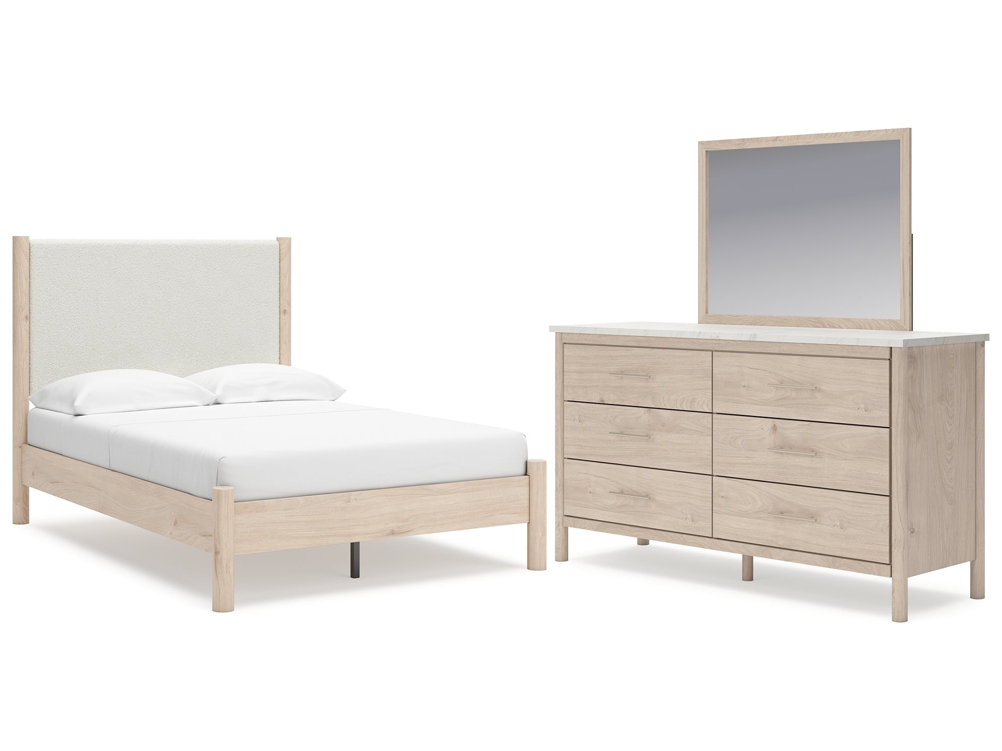 Cadmori Two-tone Full Upholstered Panel Bed, Dresser and Mirror
