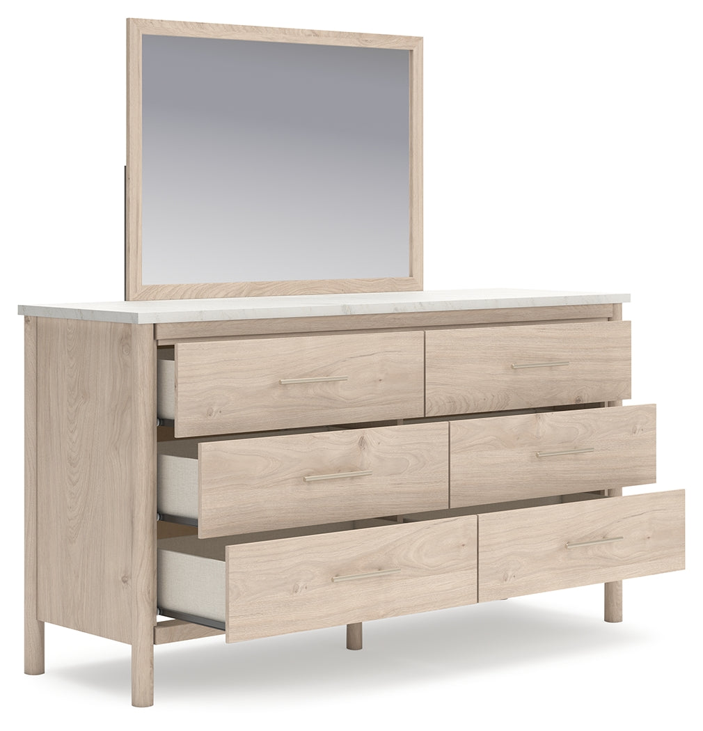 Cadmori Two-tone Full Upholstered Panel Bed, Dresser and Mirror