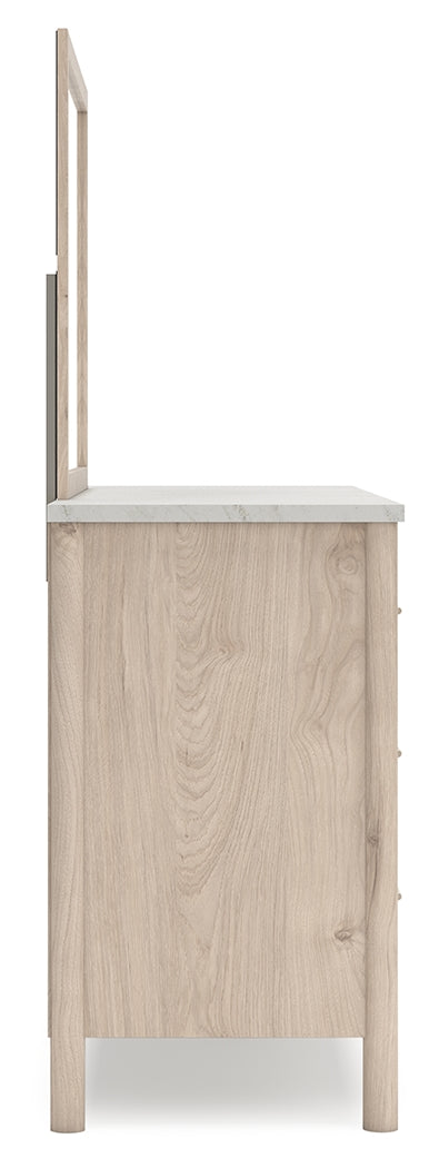 Cadmori Two-tone Full Upholstered Panel Bed, Dresser and Mirror