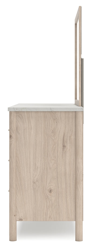 Cadmori Two-tone Full Upholstered Panel Bed, Dresser and Mirror