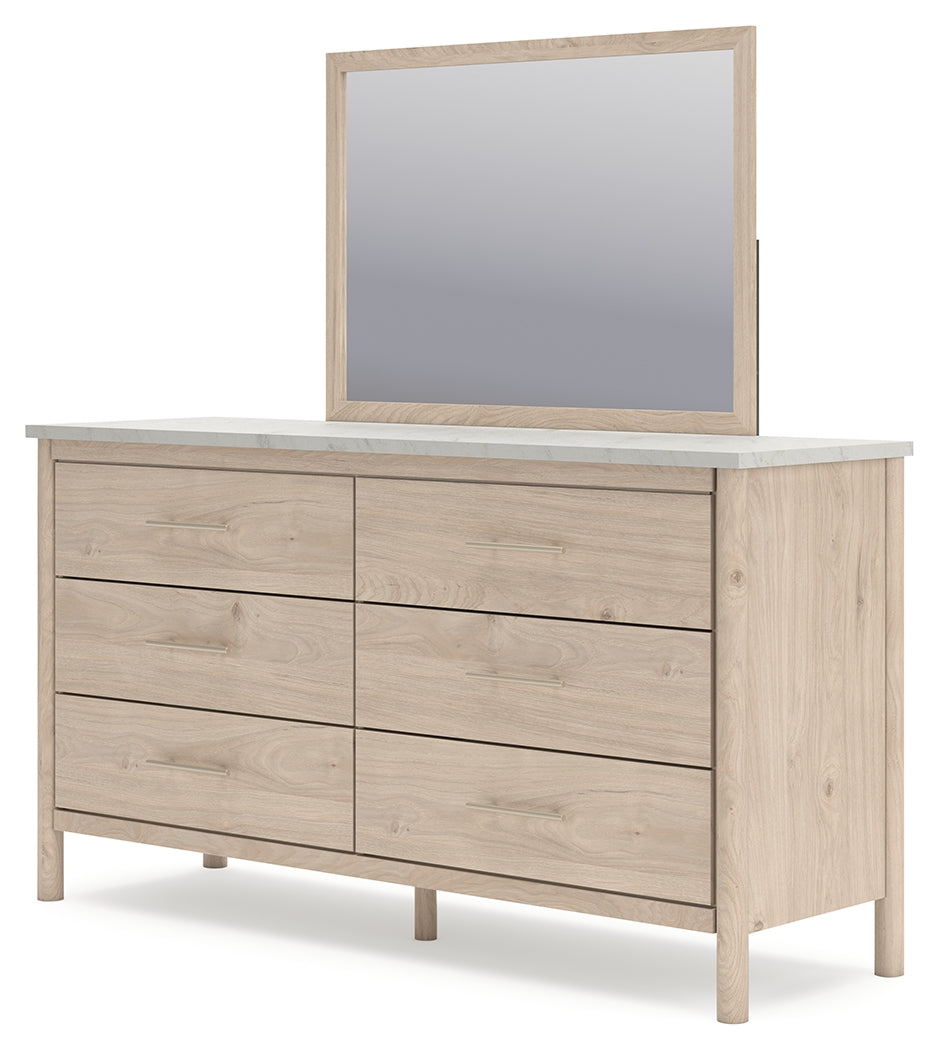 Cadmori Two-tone Full Upholstered Panel Bed, Dresser and Mirror