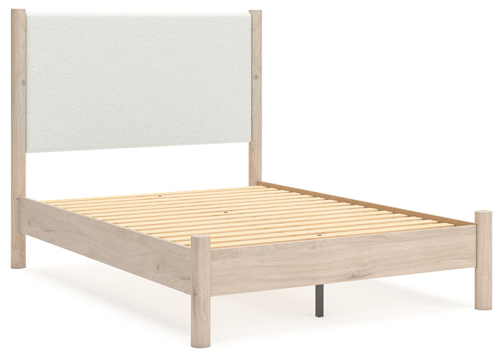 Cadmori Two-tone Full Upholstered Panel Bed, Dresser and Mirror