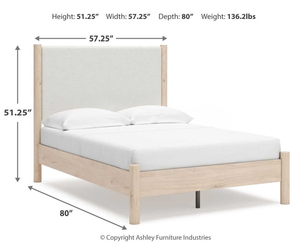 Cadmori Two-tone Full Upholstered Panel Bed, Dresser and Mirror