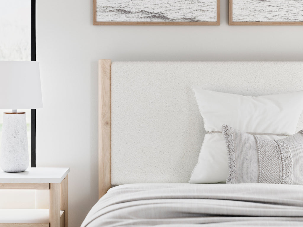 Cadmori Two-tone Full Upholstered Panel Bed, Dresser and Mirror