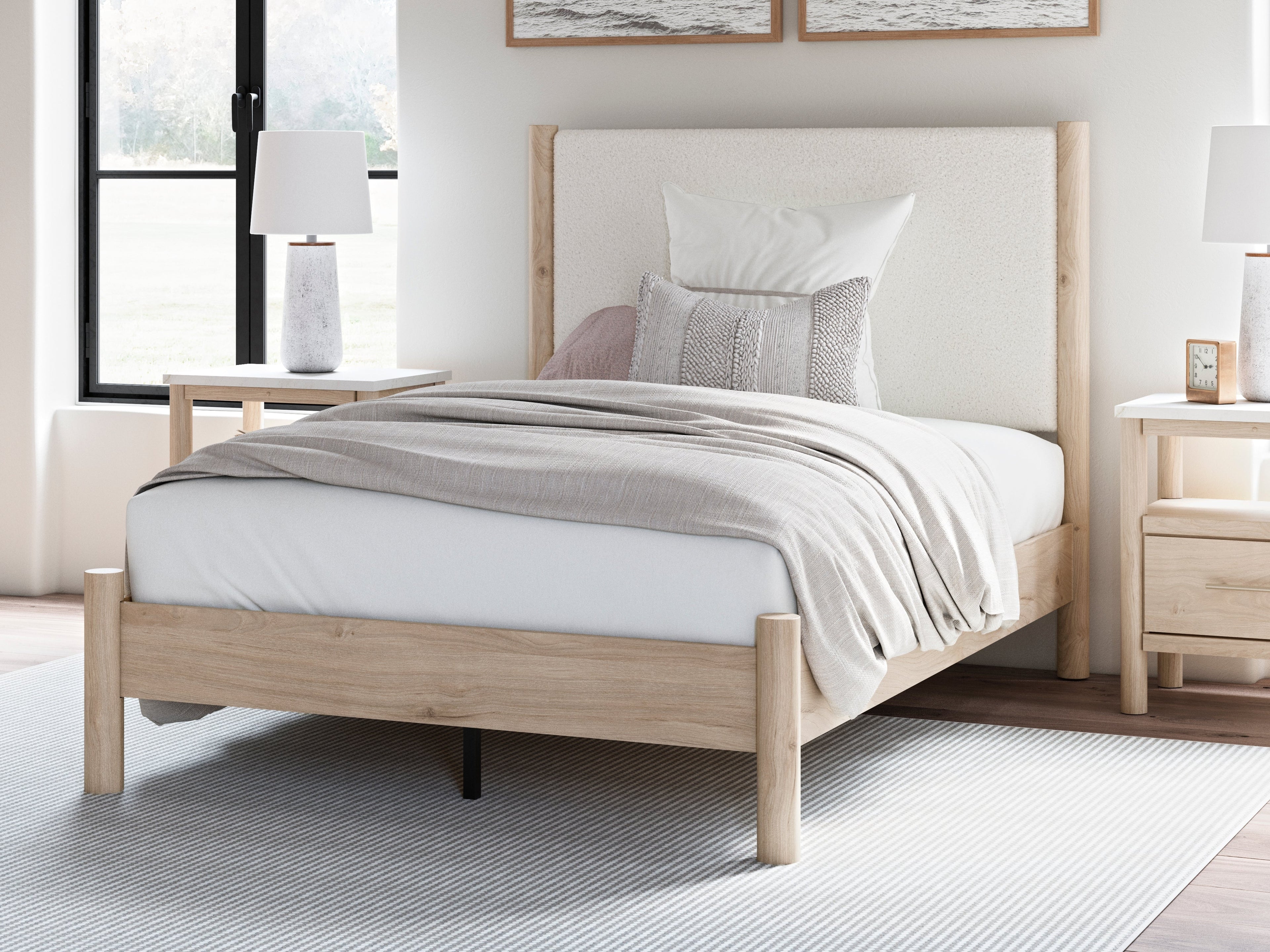 Cadmori Two-tone Full Upholstered Panel Bed, Dresser and Mirror