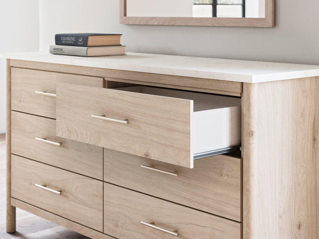 Cadmori Two-tone Full Upholstered Panel Bed, Dresser and Mirror