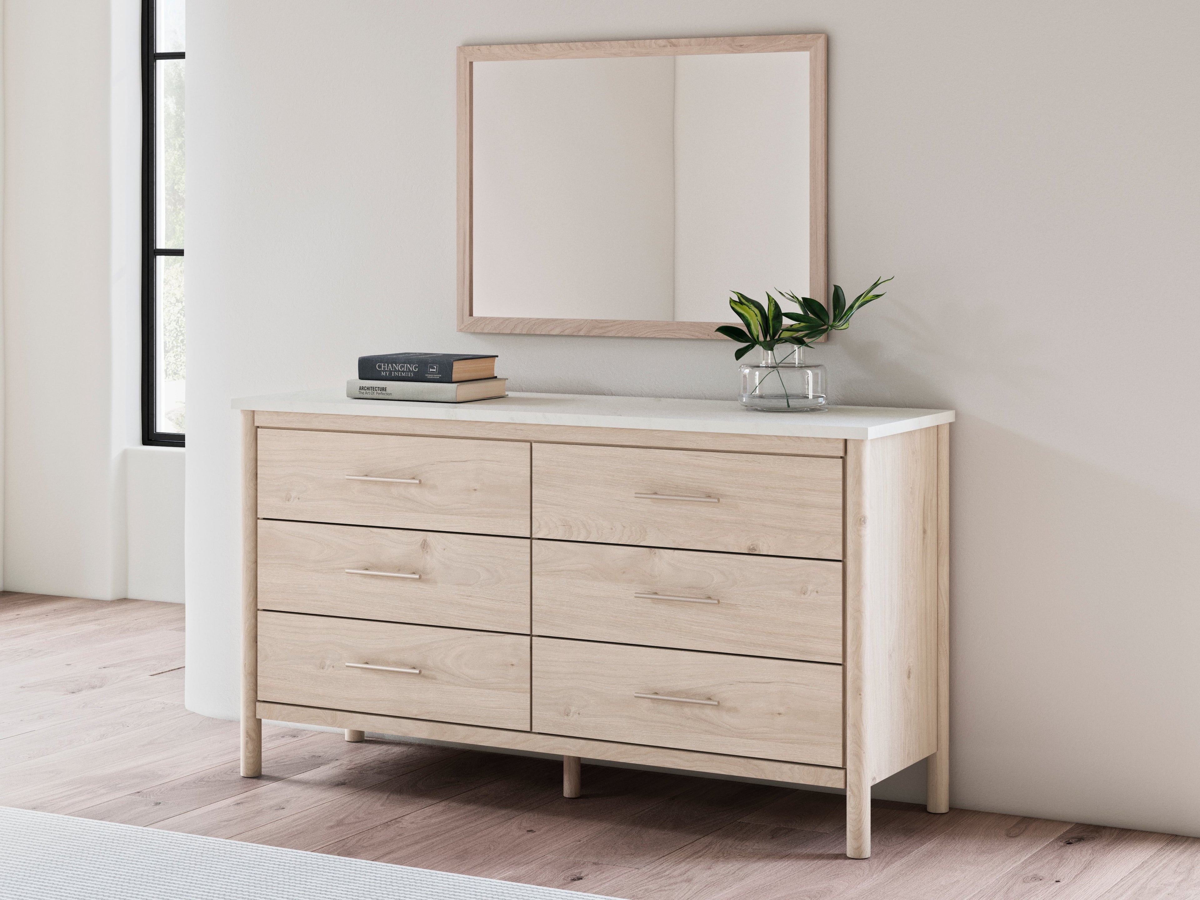 Cadmori Two-tone Full Upholstered Panel Bed, Dresser and Mirror