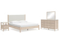 Cadmori King Upholstered Panel Bed, Dresser, Mirror and Nightstand, Two-Tone