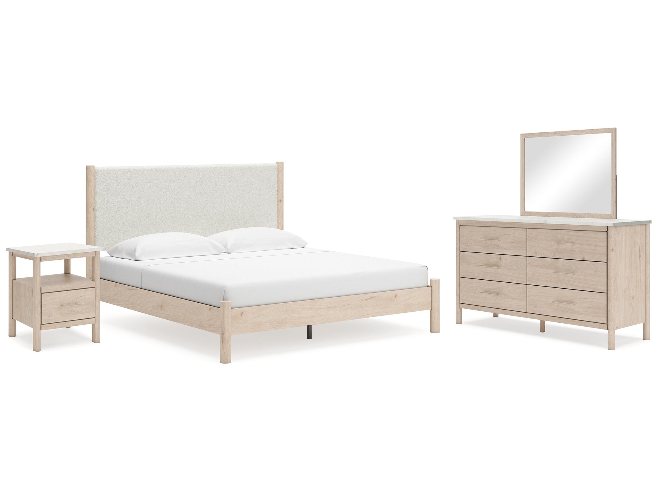Cadmori King Upholstered Panel Bed, Dresser, Mirror and Nightstand, Two-Tone