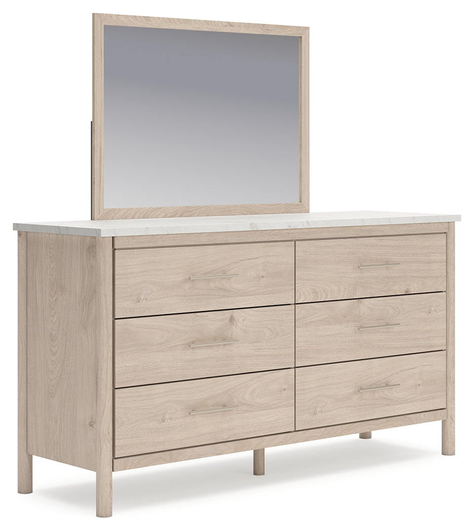 Cadmori King Upholstered Panel Bed, Dresser, Mirror and Nightstand, Two-Tone