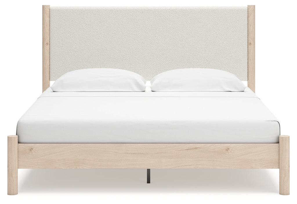 Cadmori King Upholstered Panel Bed, Dresser, Mirror and Nightstand, Two-Tone